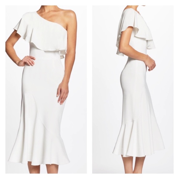 Dress the Population Dresses & Skirts - Dress The Population - Raquel One Shoulder Ruffle White Midi Dress